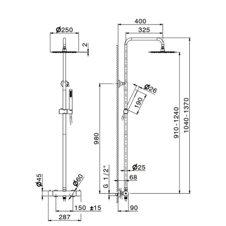 Newform X-Steel 316 Душевая стойка с термо смес., верхний душ 250 мм, ручной душ, шланг 150 см, цвет: нержавеющая сталь 