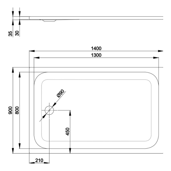 BETTEUltra Душевой поддон прямоугольный 1400х900хh35см, с шумоизоляцией, D90 мм,BetteGlasur® Plus, цвет белый 