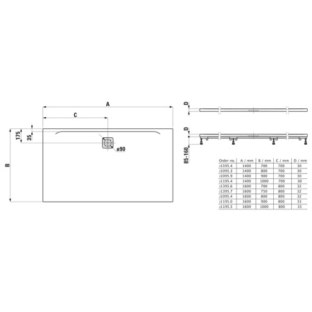 Laufen Pro душевой поддон 1400x800 мм, ультратонкий, прямоугольный, слив по длинной стороне, материал Marbond®, цвет белый матовый 