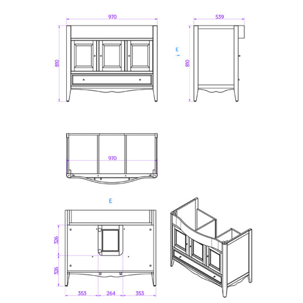 TW Veronica, База с раковиной Simas AR874bi*1 105*56см, с 1отв., 3 расп. дв. и 1ящик, доводч. Blum, ручки: Riflesso бронза, цвет: GRIDGIO 