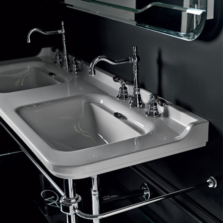 Kerasan Waldorf Раковина керамическая двойная 150х55см, c 3 отверстием под смеситель, белая, цвет заглушки - хром 